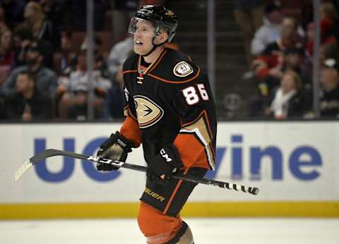 January 4, 2017; Anaheim, CA, USA; Anaheim Ducks right wing Ondrej Kase (86) celebrates his goal scored against the Detroit Red Wings during the third period at Honda Center. Mandatory Credit: Gary A. Vasquez-USA TODAY Sports