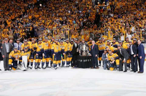 NASHVILLE, TN – MAY 22: The Nashville Predators celebrate with the Clarence S. Campbell Bowl after defeating the Anaheim Ducks 6 to 3 in Game Six of the Western Conference Final during the 2017 Stanley Cup Playoffs at Bridgestone Arena on May 22, 2017 in Nashville, Tennessee. (Photo by Frederick Breedon/Getty Images)