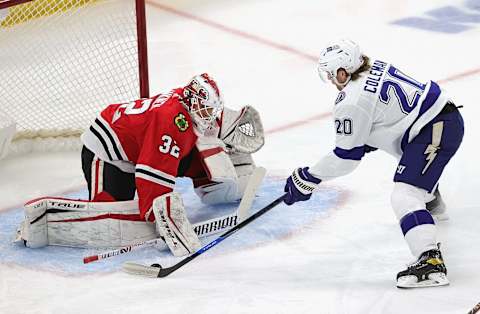 Kevin Lankinen #32 of the Chicago Blackhawks. (Photo by Jonathan Daniel/Getty Images)