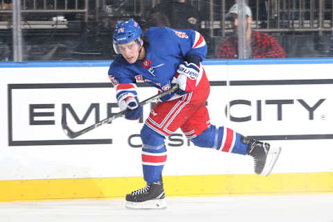 NEW YORK, NY – FEBRUARY 23: Vinni Lettieri #95 of the New York Rangers shoots the puck against the Minnesota Wild at Madison Square Garden on February 23, 2018 in New York City. (Photo by Jared Silber/NHLI via Getty Images)