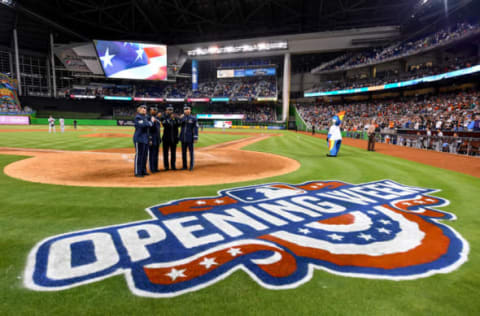 MIAMI, FL – APRIL 11: God Bless America is performed during the Opening Day game between the Miami Marlins and the Atlanta Braves at Marlins Park on April 11, 2017 in Miami, Florida. (Photo by Rob Foldy/Miami Marlins via Getty Images)