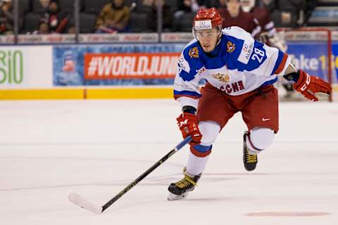 Defenseman Yegor Rykov #28 of Team Russia s (Photo by Adam Pulicicchio/Getty Images) *** Local Captions *** Yegor Rykov