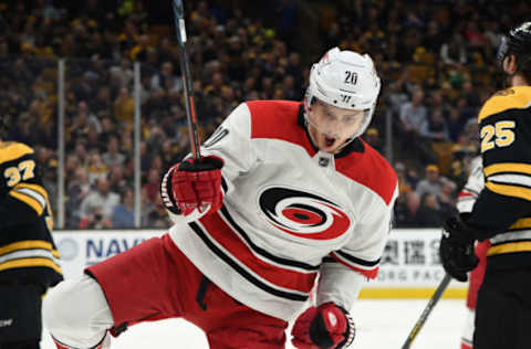 BOSTON, MA – MAY 9: Sebastian Aho #20 of the Carolina Hurricanes celebrates his goal against the Boston Bruins in Game One of the Eastern Conference Final during the 2019 NHL Stanley Cup Playoffs at the TD Garden on May 9, 2019 in Boston, Massachusetts. (Photo by Steve Babineau/NHLI via Getty Images)