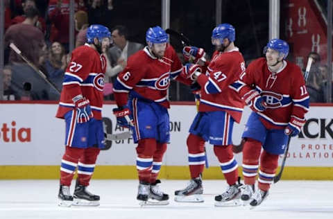 Oct 29, 2016; Montreal, Quebec, CAN; Montreal Canadiens defenseman Shea Weber (6) reacts with teammates Brendan Gallagher (11) and Alexander Radulov (47) and Alex Galchenyuk (27) after scoring a goal against the Toronto Maple Leafs during the third period at the Bell Centre. Mandatory Credit: Eric Bolte-USA TODAY Sports