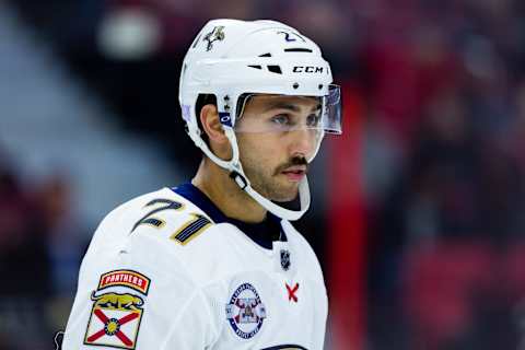 OTTAWA, ON – NOVEMBER 19: Florida Panthers Center Vincent Trocheck (21) waits for a face-off during first period National Hockey League action between the Florida Panthers and Ottawa Senators on November 19, 2018, at Canadian Tire Centre in Ottawa, ON, Canada. (Photo by Richard A. Whittaker/Icon Sportswire via Getty Images)