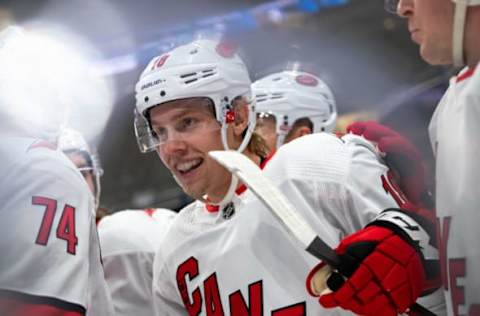 COLUMBUS, OH – OCTOBER 24: Ryan Dzingel #18 of the Carolina Hurricanes celebrates after scoring a goal during game action between the Carolina Hurricanes and the Columbus Blue Jackets on October 24, 2019, at Nationwide Arena in Columbus, OH. (Photo by Adam Lacy/Icon Sportswire via Getty Images)