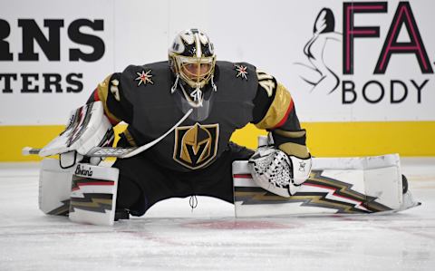 LAS VEGAS, NEVADA – SEPTEMBER 15: Garret Sparks #40 of the Vegas Golden Knights stretches during warmups before a preseason game against the Arizona Coyotes at T-Mobile Arena on September 15, 2019 in Las Vegas, Nevada. The Golden Knights defeated the Coyotes 6-2. (Photo by Ethan Miller/Getty Images)