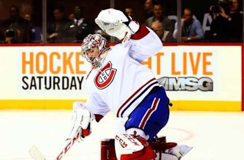 Nov 20, 2015; Brooklyn, NY, USA; Montreal Canadiens goaltender Carey Price (31) defends his net against the New York Islanders at Barclays Center. Mandatory Credit: Andy Marlin-USA TODAY Sports