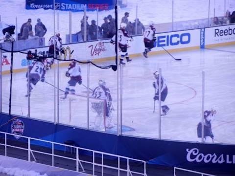 Colorado Avalanche alumni warm up before the game. Photo credit: Nadia Archuleta