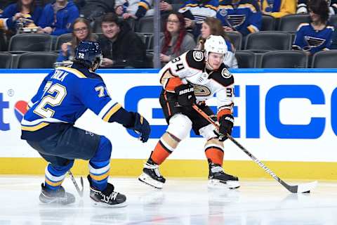 ST. LOUIS, MO – JANUARY 13: Justin Faulk #72 of the St. Louis Blues defends against Sam Steel #34 of the Anaheim Ducks at Enterprise Center on January 13, 2020 in St. Louis, Missouri. (Photo by Joe Puetz/NHLI via Getty Images)