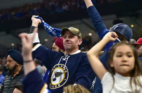 ST. LOUIS, MO – MAY 21: Blues fans celebrate in the third period during game six of the NHL Western Conference Final between the San Jose Sharks and the St. Louis Blues, on May 21, 2019, at Enterprise Center, St. Louis, Mo. (Photo by Keith Gillett/Icon Sportswire via Getty Images)