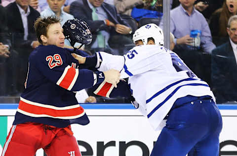 NEW YORK, NY – APRIL 10: Ryane Clowe #29 of the New York Rangers fights Mark Fraser #45 of the Toronto Maple Leafs during their game at Madison Square Garden on April 10, 2013 in New York City. (Photo by Al Bello/Getty Images)