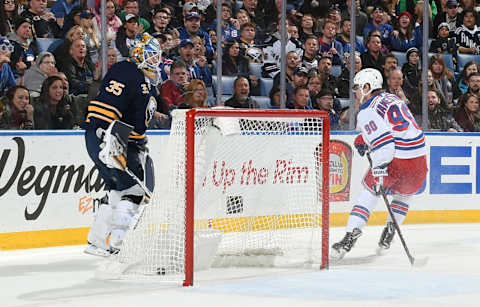 BUFFALO, NY – FEBRUARY 15: Vladislav Namestnikov #90 of the New York Rangers scores a goal during the third period of an NHL game against Linus Ullmark #35 of the Buffalo Sabres on February 15, 2019 at KeyBank Center in Buffalo, New York. New York won, 6-2. (Photo by Joe Hrycych/NHLI via Getty Images)