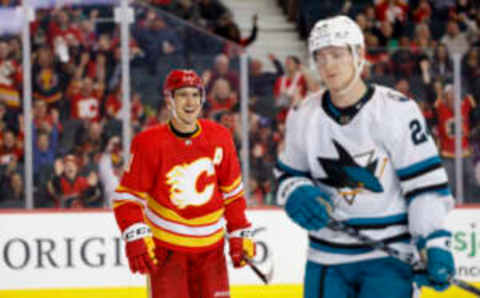 CALGARY, CANADA – APRIL 12: Mikael Backlund #11 of the Calgary Flames smiles after his assist on a second period goal against the San Jose Sharks at the Scotiabank Saddledome on April 12, 2023, in Calgary, Alberta, Canada. (Photo by Leah Hennel/Getty Images)