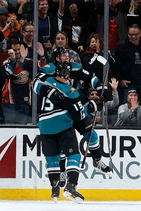 ANAHEIM, CA – NOVEMBER 23: Rickard Rakell #67 and Ryan Getzlaf #15 of the Anaheim Ducks celebrate Rakell’s game-winning overtime goal during the game against the Edmonton Oilers on November 23, 2018, at Honda Center in Anaheim, California. (Photo by Debora Robinson/NHLI via Getty Images)