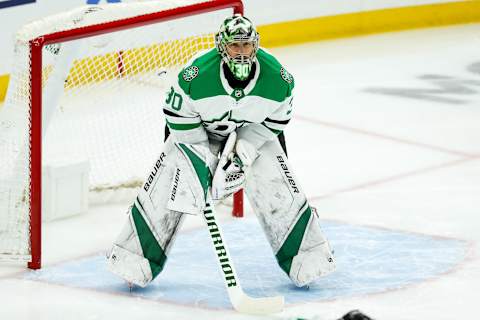 ST. LOUIS, MO – APRIL 27: Dallas Stars goaltender Ben Bishop (30) gets set during the first period of Game 2 of an NHL Western Conference second-round playoff series between the St. Louis Blues and the Dallas Stars on April 27, 2019, at the Enterprise Center in St. Louis, MO. (Photo by Tim Spyers/Icon Sportswire via Getty Images)