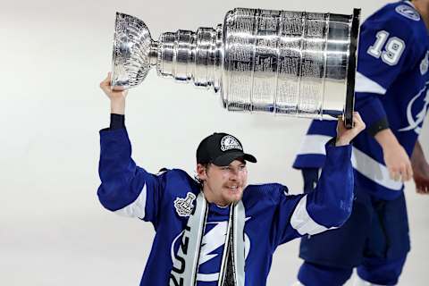 Yanni Gourde #37 of the Tampa Bay Lightning. (Photo by Mike Carlson/Getty Images)