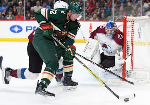 ST. PAUL, MN – MARCH 13: Minnesota Wild Center Eric Staal (12) drives to the net with the puck during a NHL game between the Minnesota Wild and Colorado Avalanche on March 13, 2018 at Xcel Energy Center in St. Paul, MN. The Avalanche defeated the Wild 5-1.(Photo by Nick Wosika/Icon Sportswire via Getty Images)