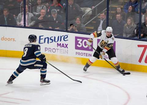 COLUMBUS, OH – NOVEMBER 05: Vegas Golden Knights right wing Reilly Smith (19) holds the puck during the game between the Columbus Blue Jackets and the Vegas Golden Knights at Nationwide Arena in Columbus, Ohio on November 5, 2019. (Photo by Jason Mowry/Icon Sportswire via Getty Images)