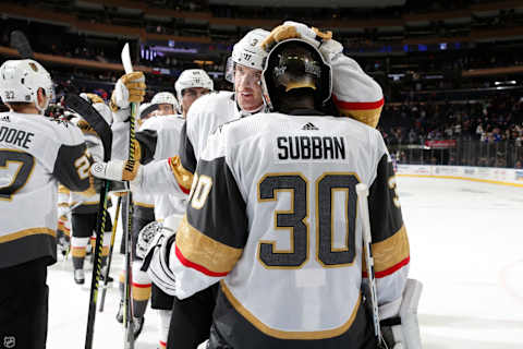 NEW YORK, NY – DECEMBER 02: Brayden McNabb #3 and Malcolm Subban #30 of the Vegas Golden Knights celebrate after defeating the New York Rangers 4-1 at Madison Square Garden on December 2, 2019 in New York City. (Photo by Jared Silber/NHLI via Getty Images)