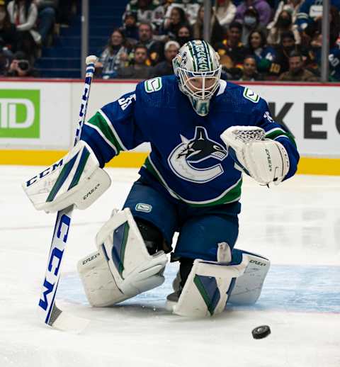 VANCOUVER, BC – OCTOBER 26: Goalie Thatcher Demko #35 of the Vancouver Canucks makes a save during NHL action against the Minnesota Wild on October, 26, 2021 at Rogers Arena in Vancouver, British Columbia, Canada. (Photo by Rich Lam/Getty Images)