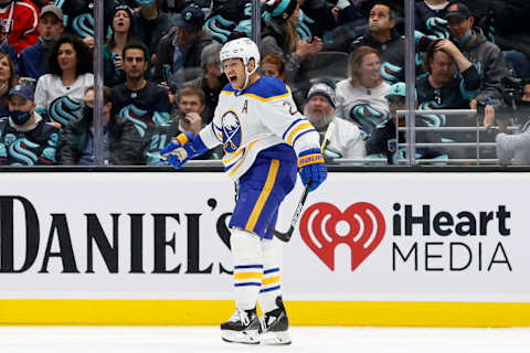 SEATTLE, WASHINGTON – NOVEMBER 04: Kyle Okposo #21 of the Buffalo Sabres celebrates his goal against the Seattle Kraken during the second period at Climate Pledge Arena on November 04, 2021 in Seattle, Washington. (Photo by Steph Chambers/Getty Images)