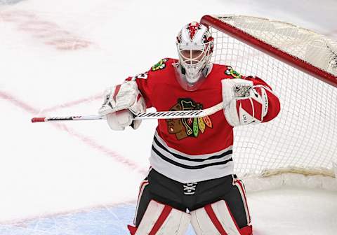 Kevin Lankinen #32 of the Chicago Blackhawks. (Photo by Jonathan Daniel/Getty Images)