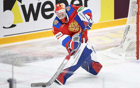 Russia’s goaltender Yaroslav Askarov. (Photo by VESA MOILANEN/Lehtikuva/AFP via Getty Images)