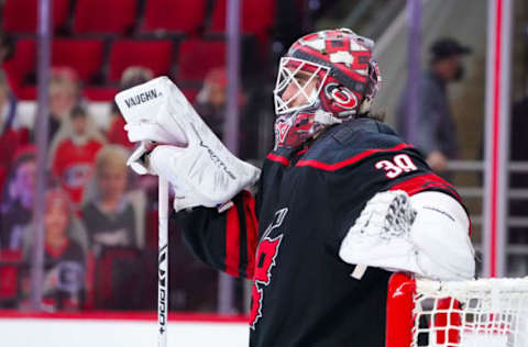 Mar 4, 2021; Raleigh, North Carolina, USA; Carolina Hurricanes goaltender Alex Nedeljkovic (39) looks on against the Detroit Red Wings at PNC Arena. Mandatory Credit: James Guillory-USA TODAY Sports