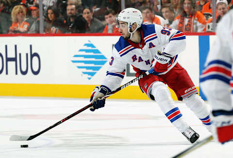 PHILADELPHIA, PA – APRIL 07: Mika Zibanejad #93 of the New York Rangers skates with the puck against the Philadelphia Flyers on April 7, 2018 at the Wells Fargo Center in Philadelphia, Pennsylvania. The Flyers went on to defeat the Rangers 5-0. With today’s win, the Flyers clinched a spot in the 2018 NHL playoffs. (Photo by Len Redkoles/NHLI via Getty Images)