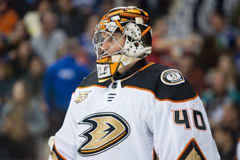 VANCOUVER, BC – FEBRUARY 25: Anaheim Ducks Goalie Kevin Boyle (40) looks up ice during their NHL game against the Vancouver Canucks at Rogers Arena on February 25, 2019 in Vancouver, British Columbia, Canada. Vancouver won 4-0. (Photo by Derek Cain/Icon Sportswire via Getty Images)