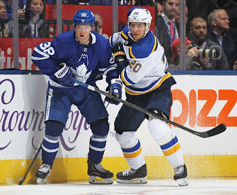 TORONTO, ON – OCTOBER 7: Alexander Steen #20 of the St. Louis Blues skates against Rasmus Sandin #38 of the Toronto Maple Leafs during an NHL game at Scotiabank Arena on October 7, 2019 in Toronto, Ontario, Canada. The Blues defeated the Maple Leafs 3-2. (Photo by Claus Andersen/Getty Images)