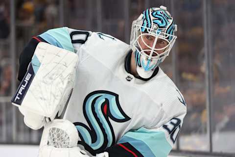 BOSTON, MASSACHUSETTS – JANUARY 12: Martin Jones, #30 of the Seattle Kraken, tends to the net during the third period against the Boston Bruins at TD Garden on January 12, 2023, in Boston, Massachusetts. The Kraken defeated the Bruins 3-0. (Photo by Maddie Meyer/Getty Images)