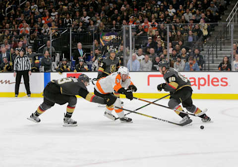 LAS VEGAS, NV – JANUARY 02: Vegas Golden Knights defenseman Brayden McNabb (3) and Philadelphia Flyers defenseman Ivan Provorov (9) battle for control of the puck during a regular season game Thursday, Jan. 2, 2020, at T-Mobile Arena in Las Vegas, Nevada. (Photo by: Marc Sanchez/Icon Sportswire via Getty Images)