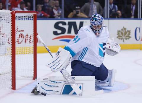 Sep 21, 2016; Toronto, Ontario, Canada; Team Europe goaltender Jaroslav Halak (41) makes a save against Team Canada during preliminary round play in the 2016 World Cup of Hockey at Air Canada Centre. Team Canada defeated Team Europe 4-1. Mandatory Credit: John E. Sokolowski-USA TODAY Sports