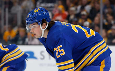 BOSTON, MA – DECEMBER 31: Owen Power #25 of the Buffalo Sabres skates against the Boston Bruins during the first period at the TD Garden on December 31, 2022 in Boston, Massachusetts. The Sabres won 4-3 in overtime. (Photo by Richard T Gagnon/Getty Images)