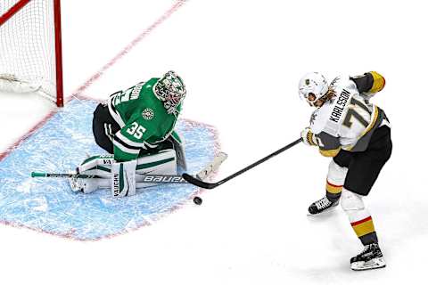 Anton Khudobin #35 of the Dallas Stars makes the save against William Karlsson #71 of the Vegas Golden Knights. (Photo by Bruce Bennett/Getty Images)