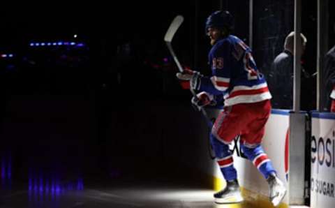 NEW YORK, NEW YORK – JANUARY 10: Alexis Lafrenière #13 of the New York Rangers takes the ice prior to the game against the Minnesota Wild at Madison Square Garden on January 10, 2023 in New York City. (Photo by Jamie Squire/Getty Images)