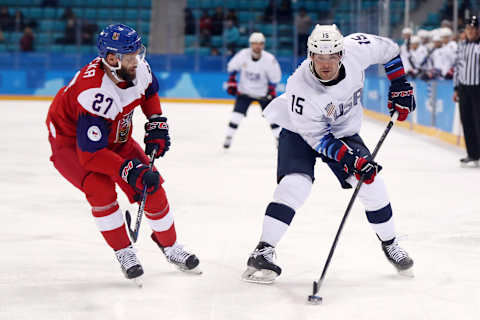 GANGNEUNG, SOUTH KOREA – FEBRUARY 21: Bobby Butler #15 of the United States conrols the puck against Martin Ruzicka #27 of Czech Republic in the third period during the Men’s Play-offs Quarterfinals on day twelve of the PyeongChang 2018 Winter Olympic Games at Gangneung Hockey Centre on February 21, 2018 in Gangneung, South Korea. (Photo by Ronald Martinez/Getty Images)