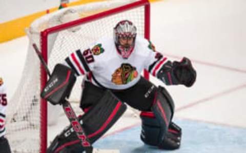 NHL Fantasy: Chicago Blackhawks goalie Corey Crawford (50) faces the Dallas Stars attack during the game at the American Airlines Center. The Stars defeat the Blackhawks 5-2. Mandatory Credit: Jerome Miron-USA TODAY Sports