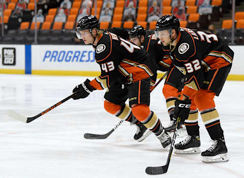 Danton Heinen #43 of the Anaheim Ducks lines up for a faceoff with Jacob Larsson #32 (Photo by Harry How/Getty Images)