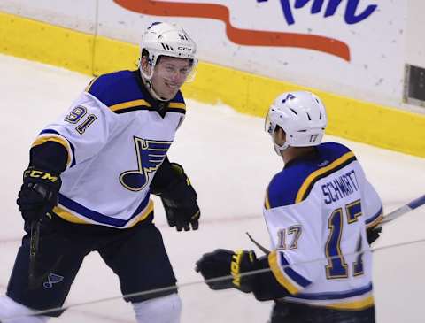 Mar 19, 2016; Vancouver, British Columbia, CAN; St. Louis Blues forward Vladimir Tarasenko (91) celebrates his goal against Vancouver Canucks goaltender Ryan Miller (30) (not pictured) with forward Jaden Schwartz (17) during the third period at Rogers Arena. The St. Louis Blues won 3-0. Mandatory Credit: Anne-Marie Sorvin-USA TODAY Sports