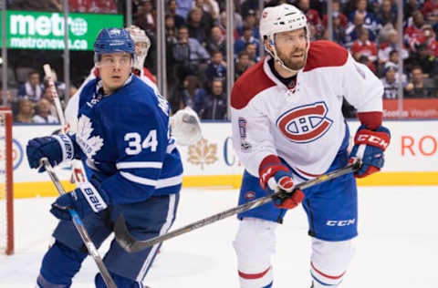 TORONTO, ON – FEBRUARY 25: Toronto Maple Leafs center Auston Matthews (34) battles with Montreal Canadiens defenseman Shea Weber (6) during the first period in a game at the Air Canada Centre in Toronto, Ontario Canada. The Montreal Canadiens won 3-2 in overtime. (Photo by Nick Turchiaro/Icon Sportswire via Getty Images)