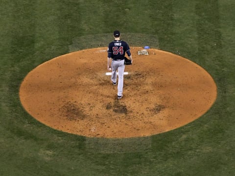 LOS ANGELES, CALIFORNIA – OCTOBER 21: Max Fried #54 of the Atlanta Braves walks back to the mound during an 11-2 loss to the Los Angeles Dodgers in game five of the National League Championship Series at Dodger Stadium on October 21, 2021 in Los Angeles, California. (Photo by Harry How/Getty Images)