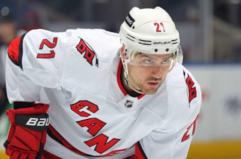 TORONTO, ON – FEBRUARY 7: Nino Niederreiter #21 of the Carolina Hurricanes waits for a faceoff against the Toronto Maple Leafs during an NHL game at Scotiabank Arena on February 7, 2022, in Toronto, Ontario, Canada. The Maple Leafs defeated the Hurricanes 4-3 in overtime. (Photo by Claus Andersen/Getty Images)