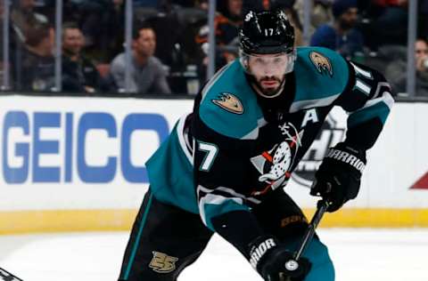 ANAHEIM, CA – FEBRUARY 13: Ryan Kesler #17 of the Anaheim Ducks skates with the puck during the game against the Vancouver Canucks on February 13, 2019 at Honda Center in Anaheim, California. (Photo by Debora Robinson/NHLI via Getty Images)