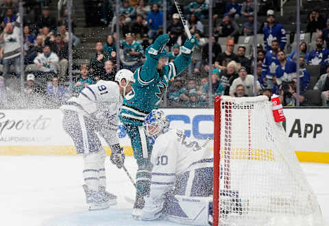 Erik Karlsson #65 of the San Jose Sharks celebrates after he scored the winning goal  . (Photo by Thearon W. Henderson/Getty Images)