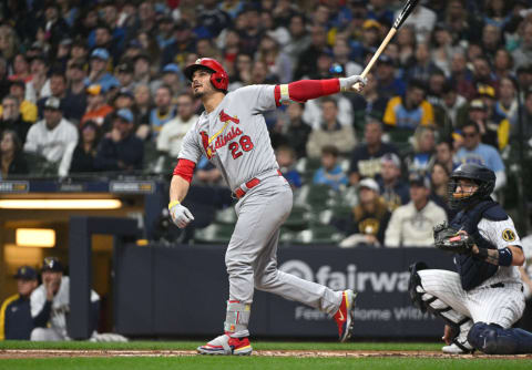 Apr 8, 2023; Milwaukee, Wisconsin, USA; St. Louis Cardinals third baseman Nolan Arenado (28) watches his home run go out of the ballpark against the Milwaukee Brewers in the third inning at American Family Field. Mandatory Credit: Michael McLoone-USA TODAY Sports