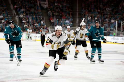 SAN JOSE, CALIFORNIA – OCTOBER 04: Cody Glass #9 of the Vegas Golden Knights in action against the San Jose Sharks at SAP Center on October 04, 2019 in San Jose, California. (Photo by Ezra Shaw/Getty Images)