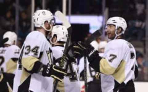 Jun 6, 2016; San Jose, CA, USA; Pittsburgh Penguins center Matt Cullen (7) celebrates with right wing Tom Kuhnhackl (34) after defeating the San Jose Sharks in game four of the 2016 Stanley Cup Final at SAP Center at San Jose. Mandatory Credit: Kyle Terada-USA TODAY Sports